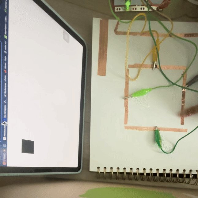 In this iteration, I was able to make my copper tape square work for all four keys and change the virtual square from blue, red, yellow, and black.